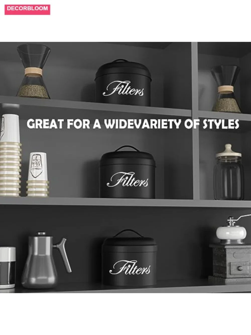 Rustic Farmhouse Coffee Filter Holder with Lid - Powder Coated Metal Storage